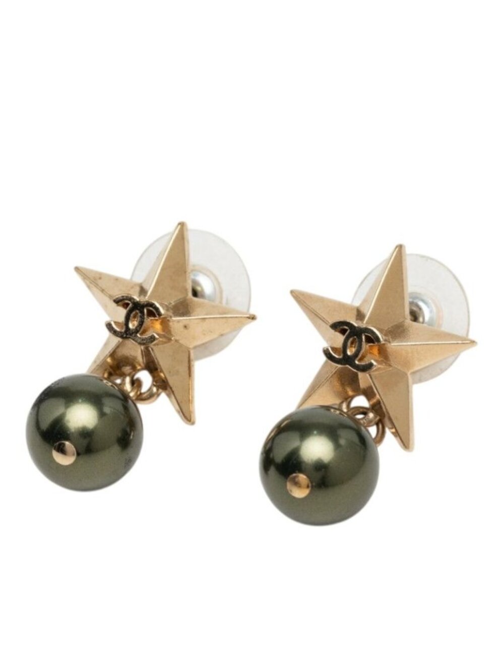 Chanel CC Logo Star Motif Earrings Gold Green Plated